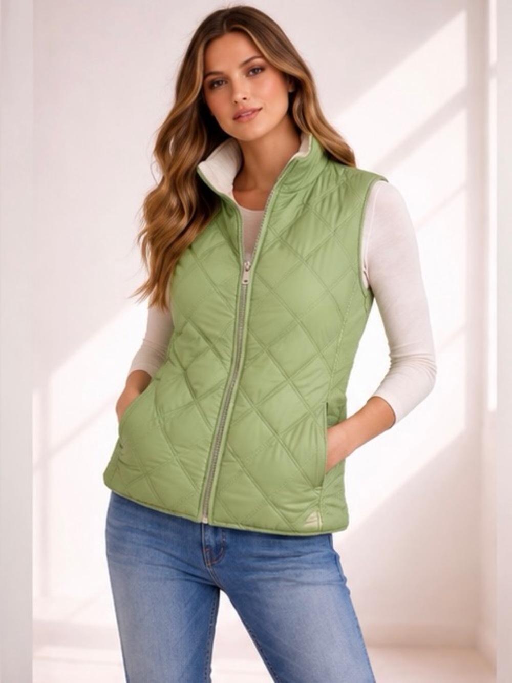 IZOD Reversible Lightweight Quilted Puffer Vest Sherpa Fleece Green XL Full Zip